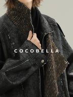 COCOBELLA Thick Warm Pu Leather Patchwork Loose Mid Length Street Zip Lapel Black Jackets