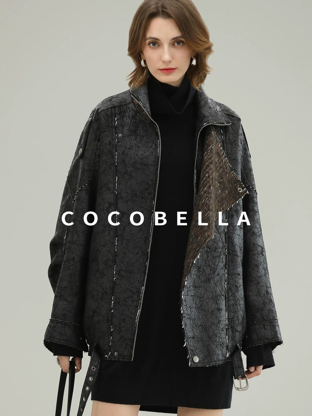 COCOBELLA Thick Warm Pu Leather Patchwork Loose Mid Length Street Zip Lapel Black Jackets