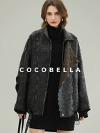 COCOBELLA Thick Warm Pu Leather Patchwork Loose Mid Length Street Zip Lapel Black Jackets