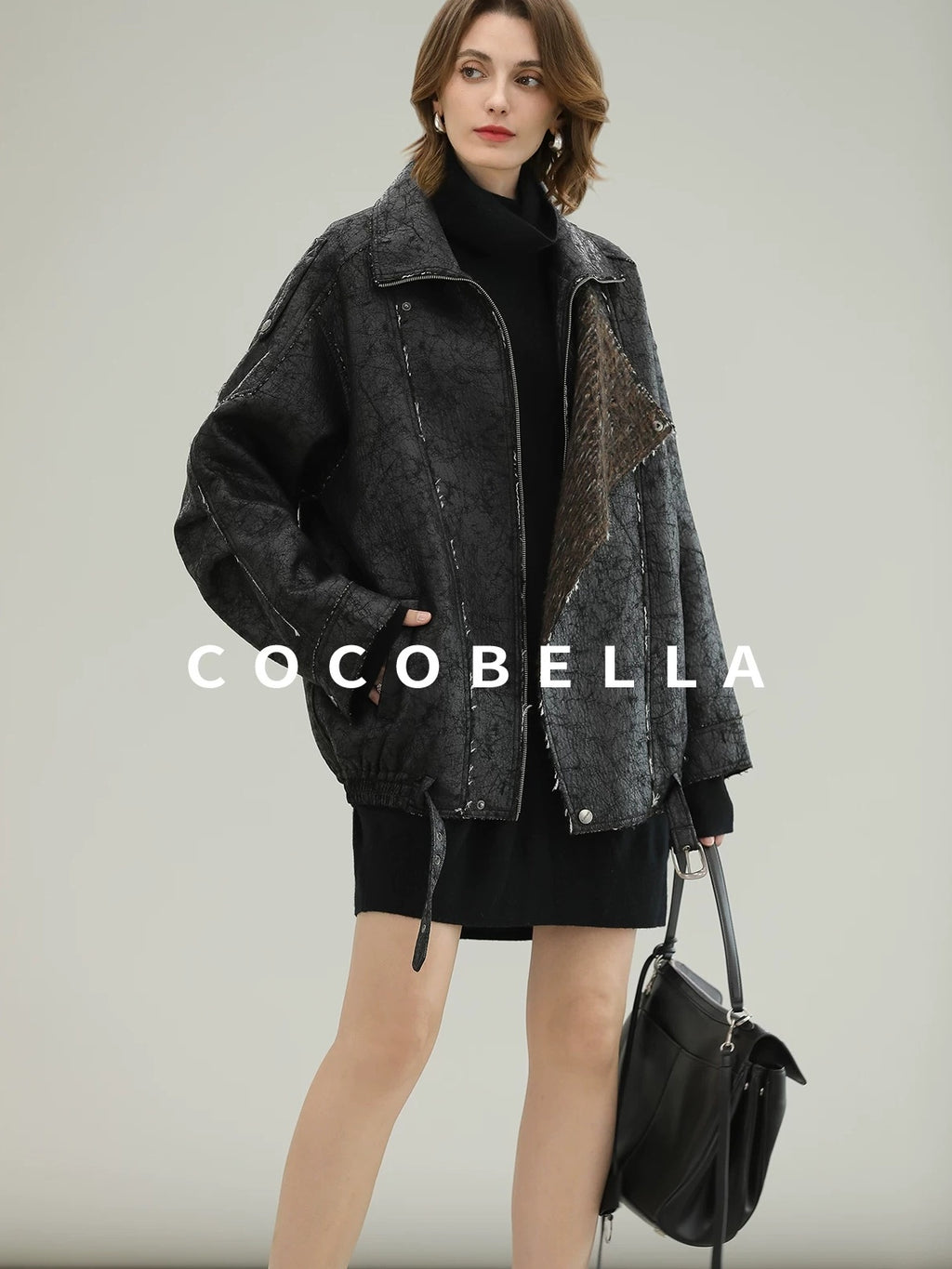COCOBELLA Thick Warm Pu Leather Patchwork Loose Mid Length Street Zip Lapel Black Jackets