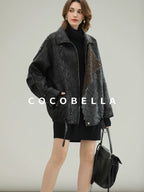 COCOBELLA Thick Warm Pu Leather Patchwork Loose Mid Length Street Zip Lapel Black Jackets