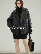 COCOBELLA Thick Warm Pu Leather Patchwork Loose Mid Length Street Zip Lapel Black Jackets