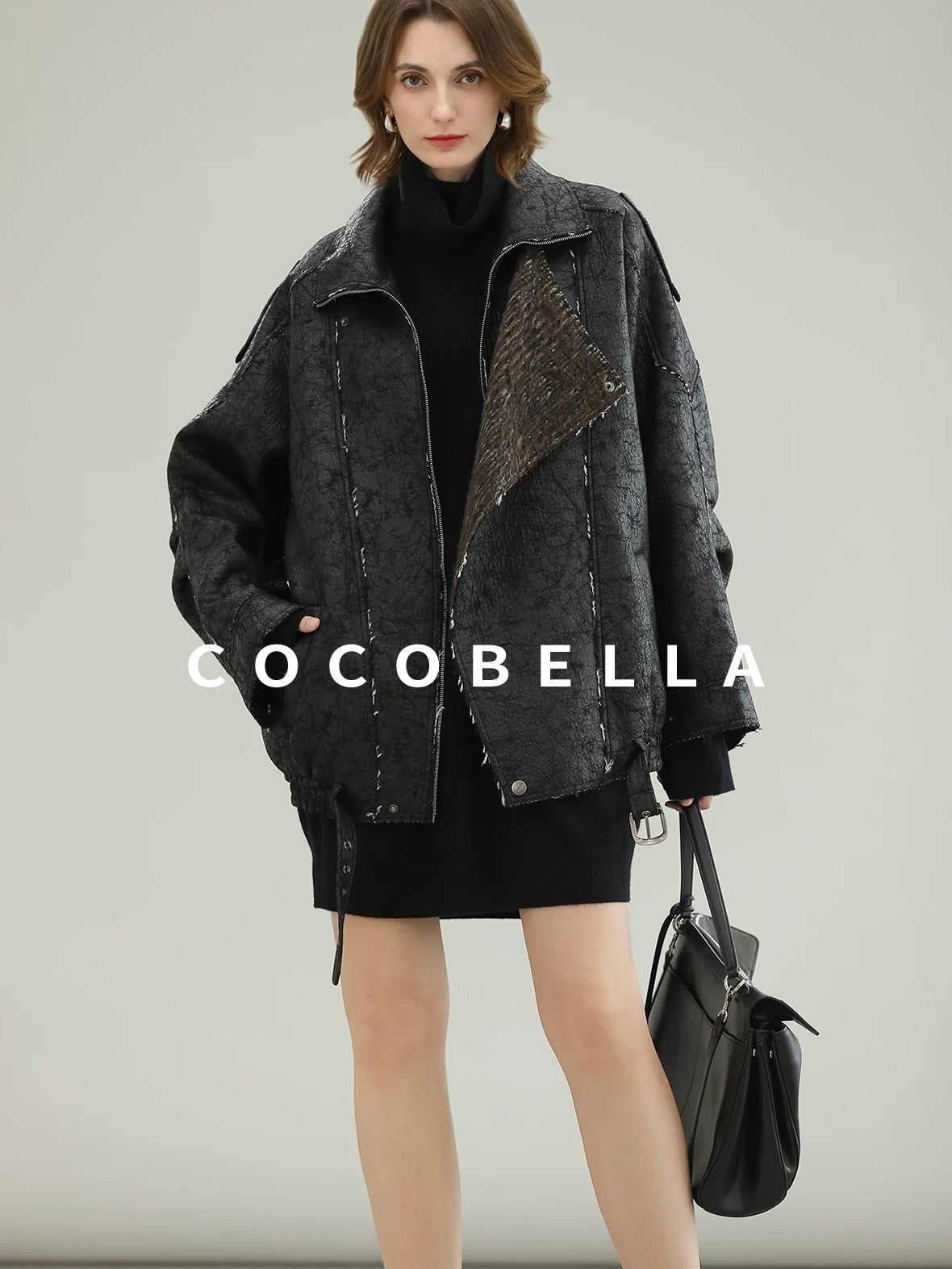COCOBELLA Thick Warm Pu Leather Patchwork Loose Mid Length Street Zip Lapel Black Jackets