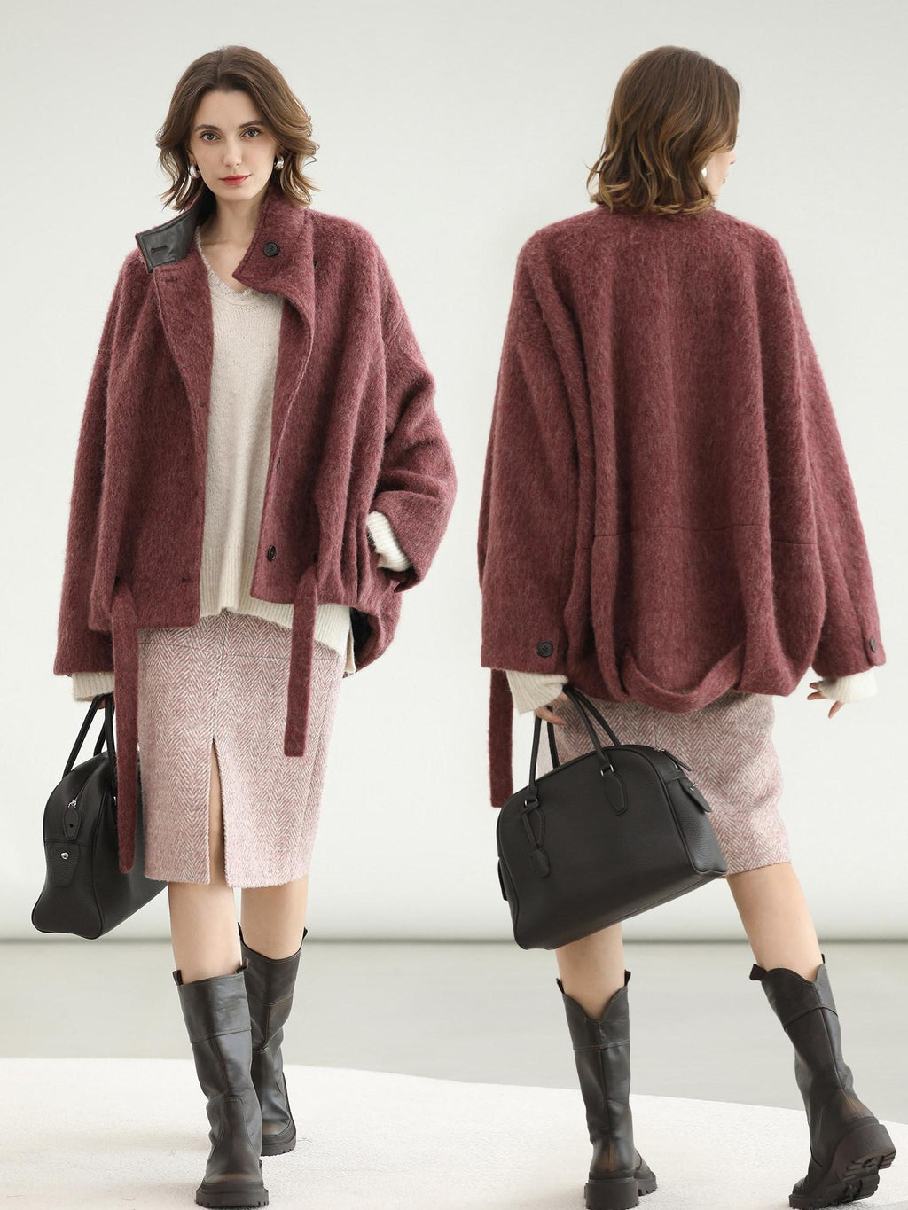 COCOBELLA Thick Wool Blend Belted Stand Collar Loose Ol Office Women Berry Red Jackets