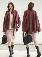 COCOBELLA Thick Wool Blend Belted Stand Collar Loose Ol Office Women Berry Red Jackets