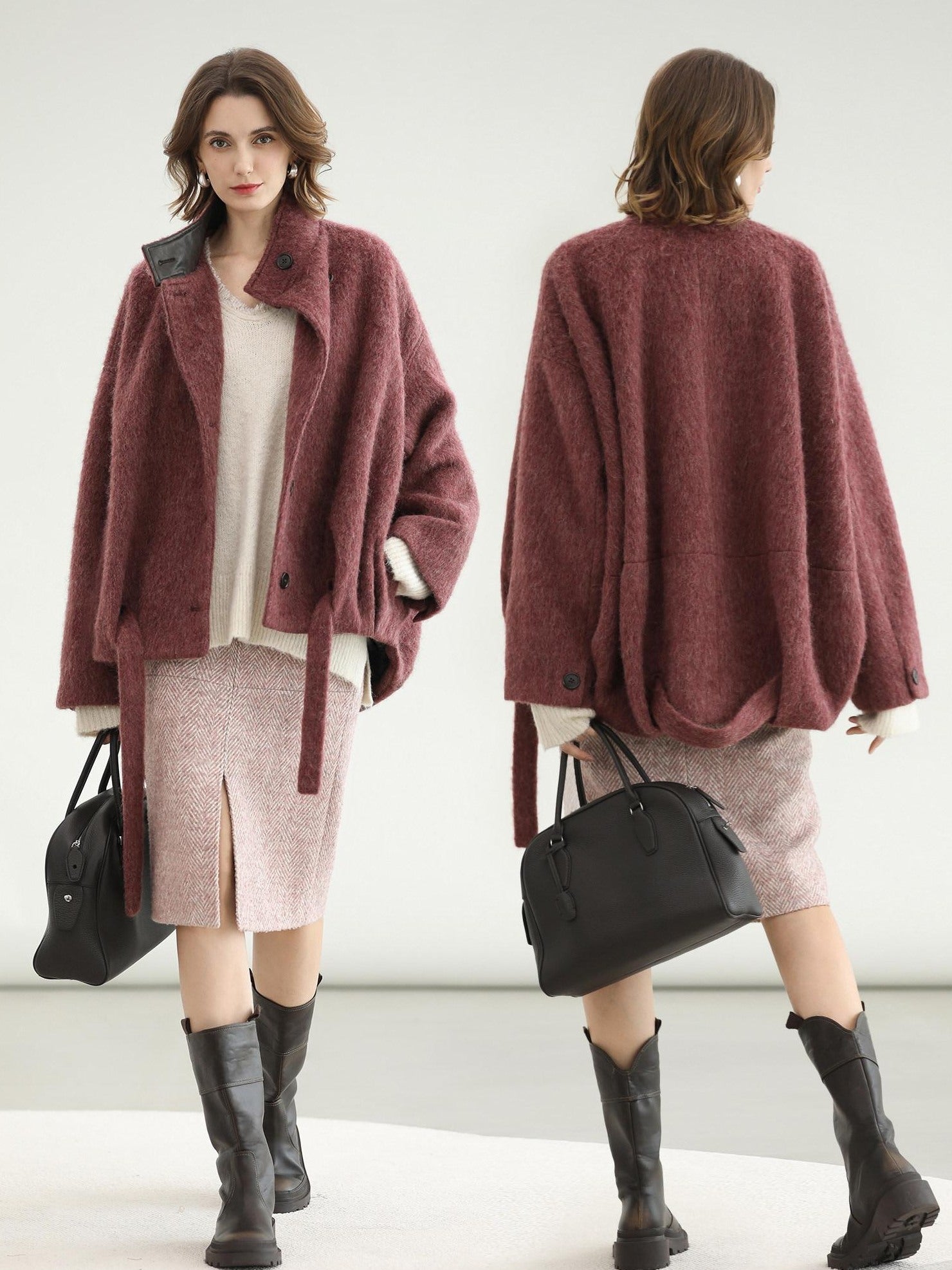 COCOBELLA Thick Wool Blend Belted Stand Collar Loose Ol Office Women Berry Red Jackets