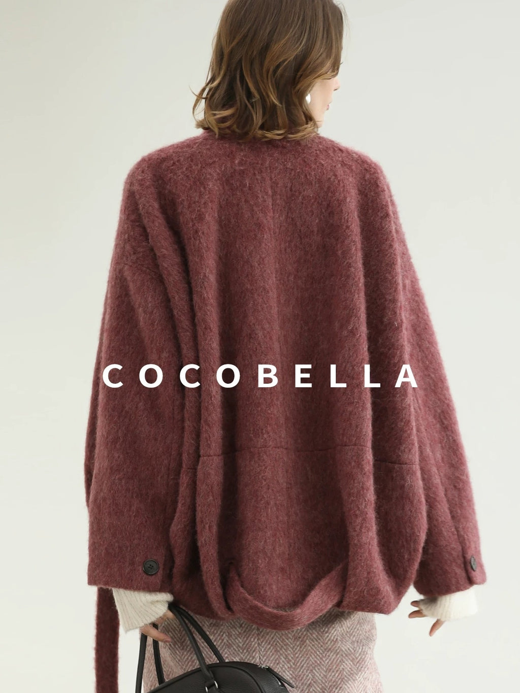 COCOBELLA Thick Wool Blend Belted Stand Collar Loose Ol Office Women Berry Red Jackets