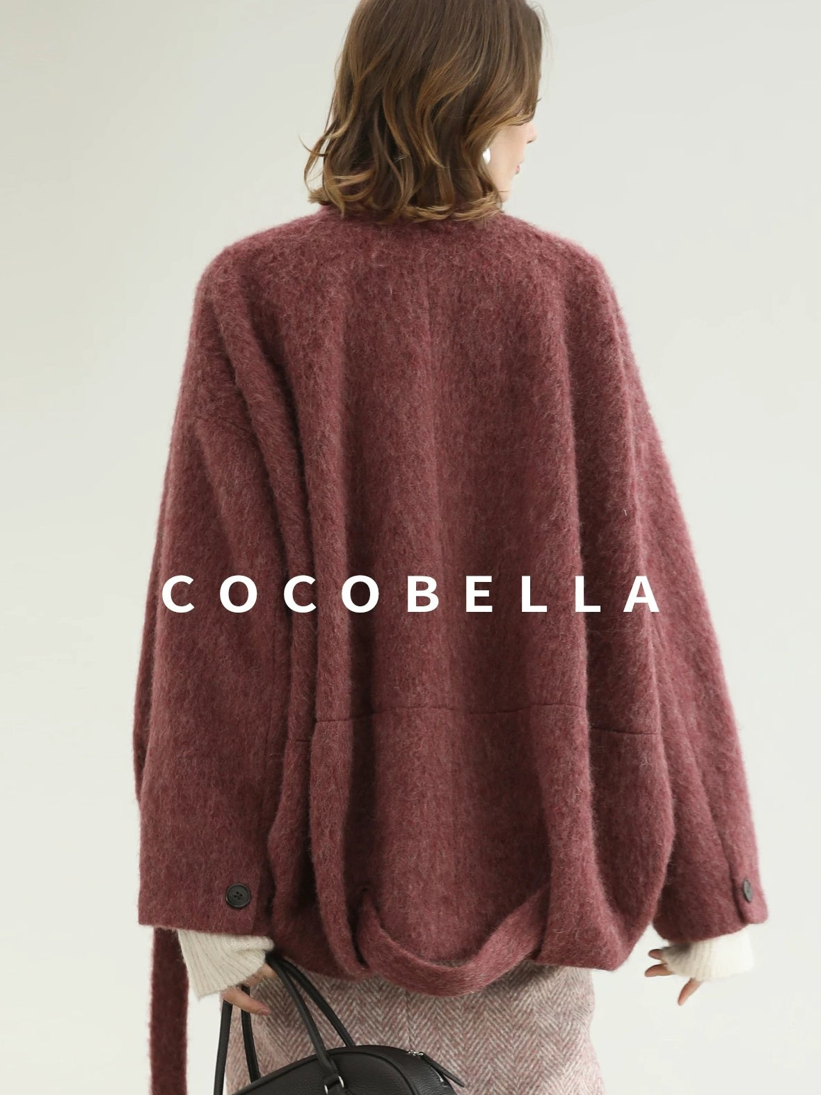 COCOBELLA Thick Wool Blend Belted Stand Collar Loose Ol Office Women Berry Red Jackets