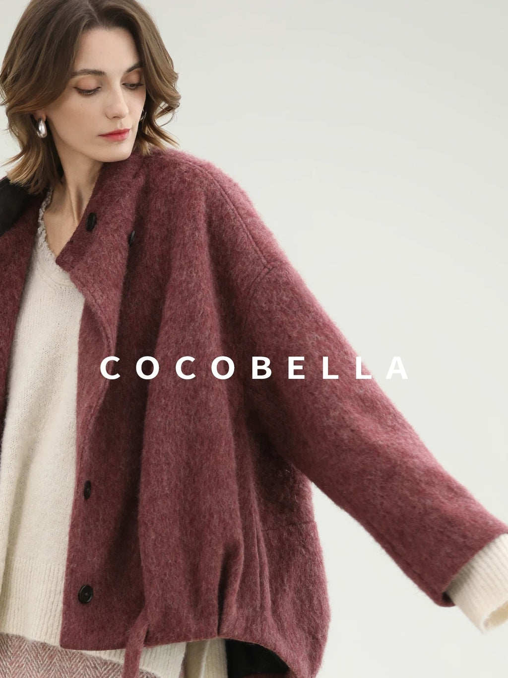 COCOBELLA Thick Wool Blend Belted Stand Collar Loose Ol Office Women Berry Red Jackets