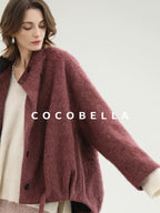 COCOBELLA Thick Wool Blend Belted Stand Collar Loose Ol Office Women Berry Red Jackets