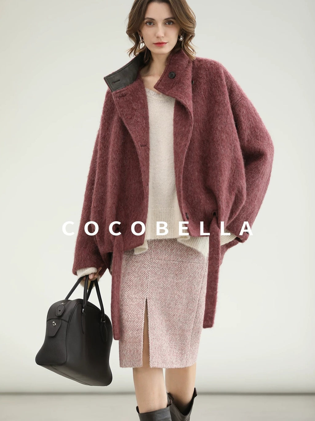 COCOBELLA Thick Wool Blend Belted Stand Collar Loose Ol Office Women Berry Red Jackets