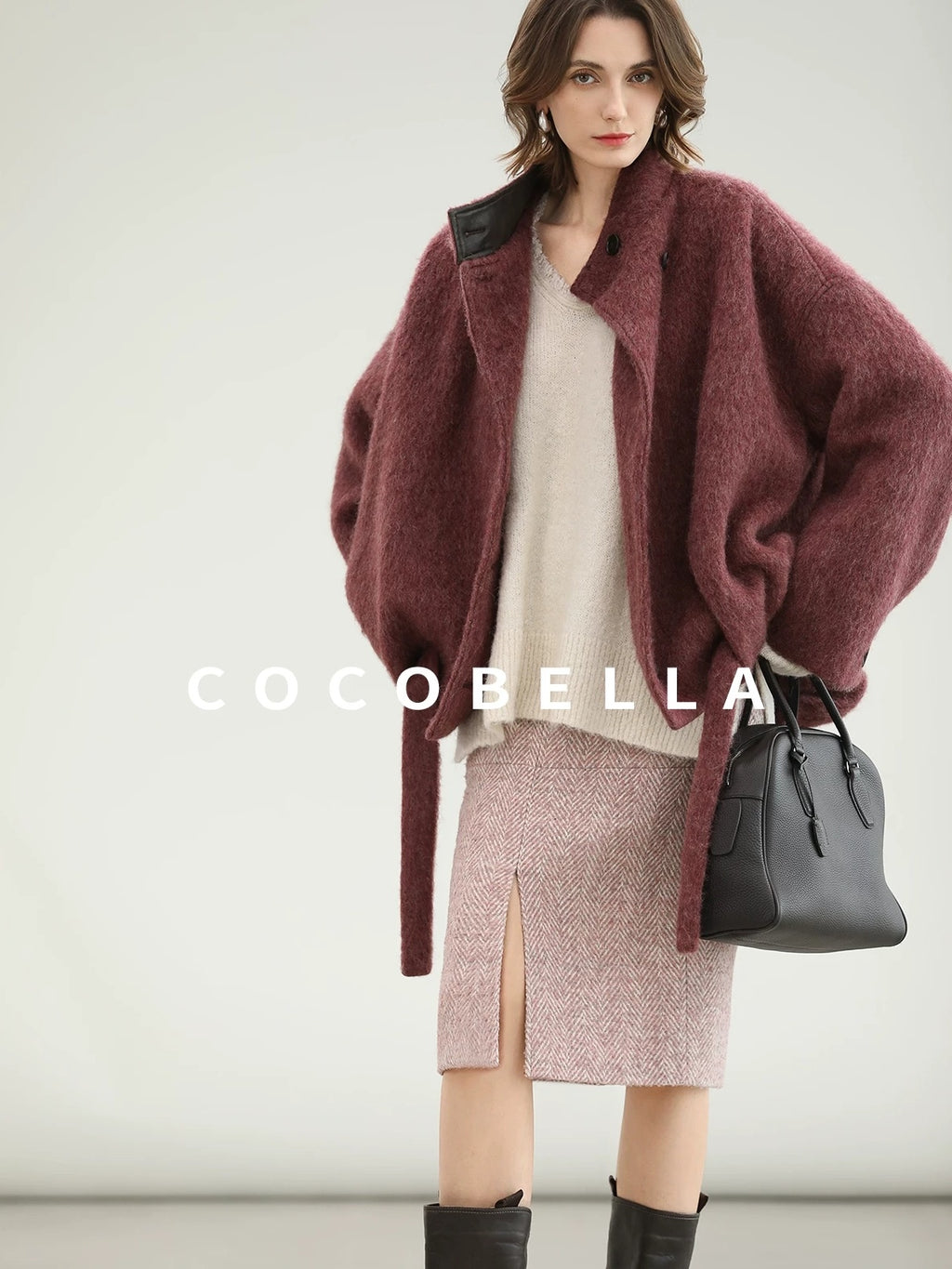 COCOBELLA Thick Wool Blend Belted Stand Collar Loose Ol Office Women Berry Red Jackets