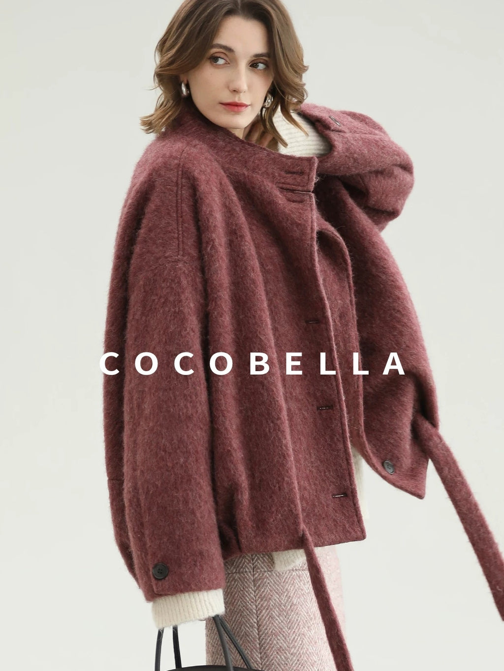 COCOBELLA Thick Wool Blend Belted Stand Collar Loose Ol Office Women Berry Red Jackets