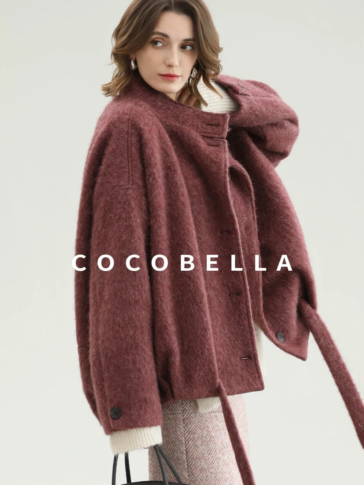 COCOBELLA Thick Wool Blend Belted Stand Collar Loose Ol Office Women Berry Red Jackets