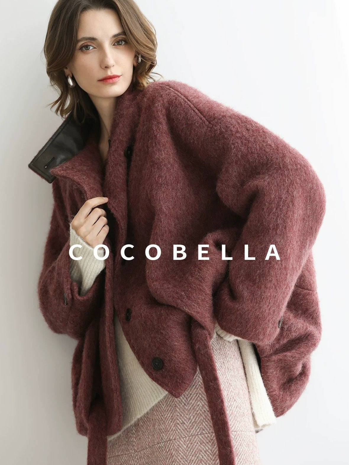 COCOBELLA Thick Wool Blend Belted Stand Collar Loose Ol Office Women Berry Red Jackets