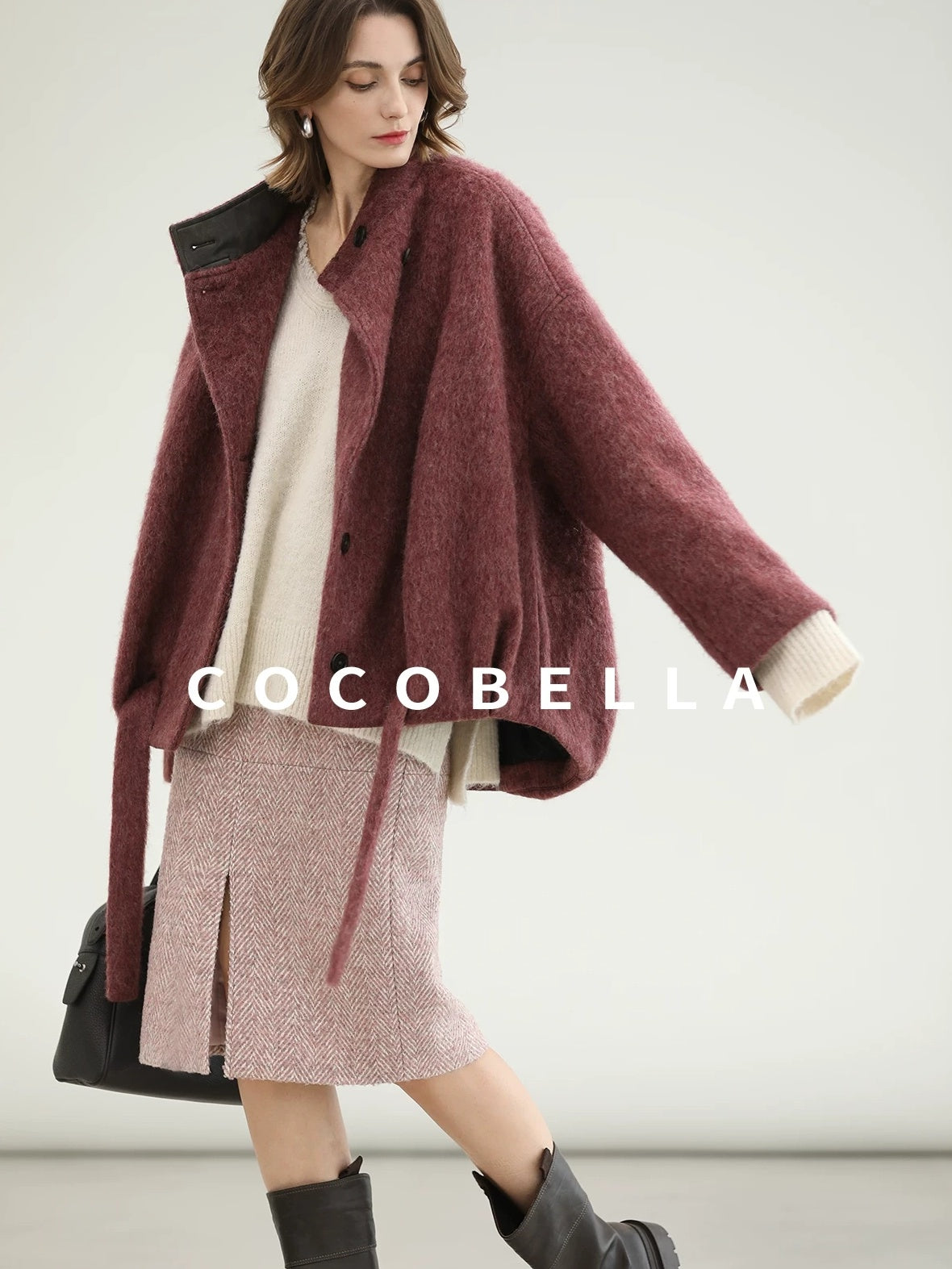 COCOBELLA Thick Wool Blend Belted Stand Collar Loose Ol Office Women Berry Red Jackets