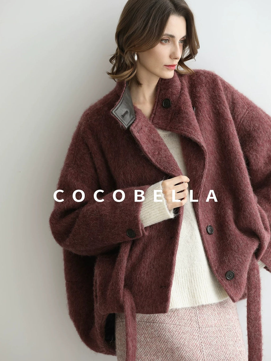 COCOBELLA Thick Wool Blend Belted Stand Collar Loose Ol Office Women Berry Red Jackets