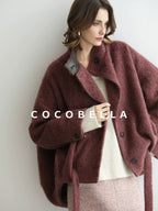 COCOBELLA Thick Wool Blend Belted Stand Collar Loose Ol Office Women Berry Red Jackets