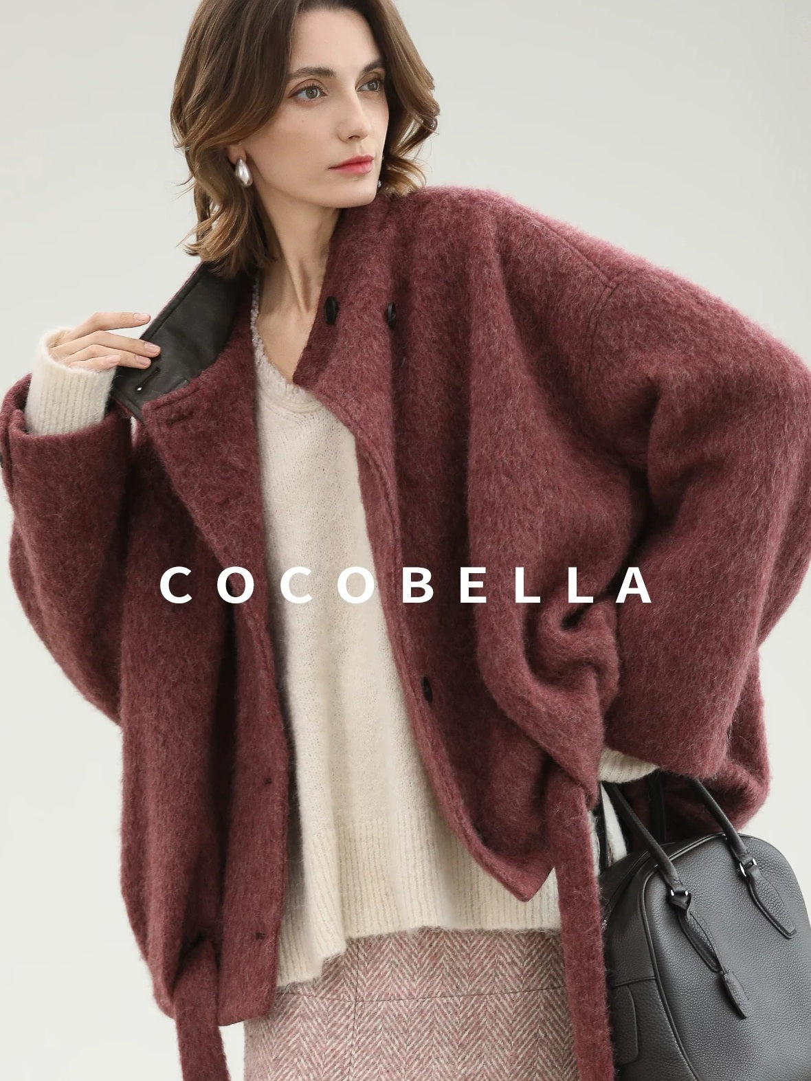 COCOBELLA Thick Wool Blend Belted Stand Collar Loose Ol Office Women Berry Red Jackets