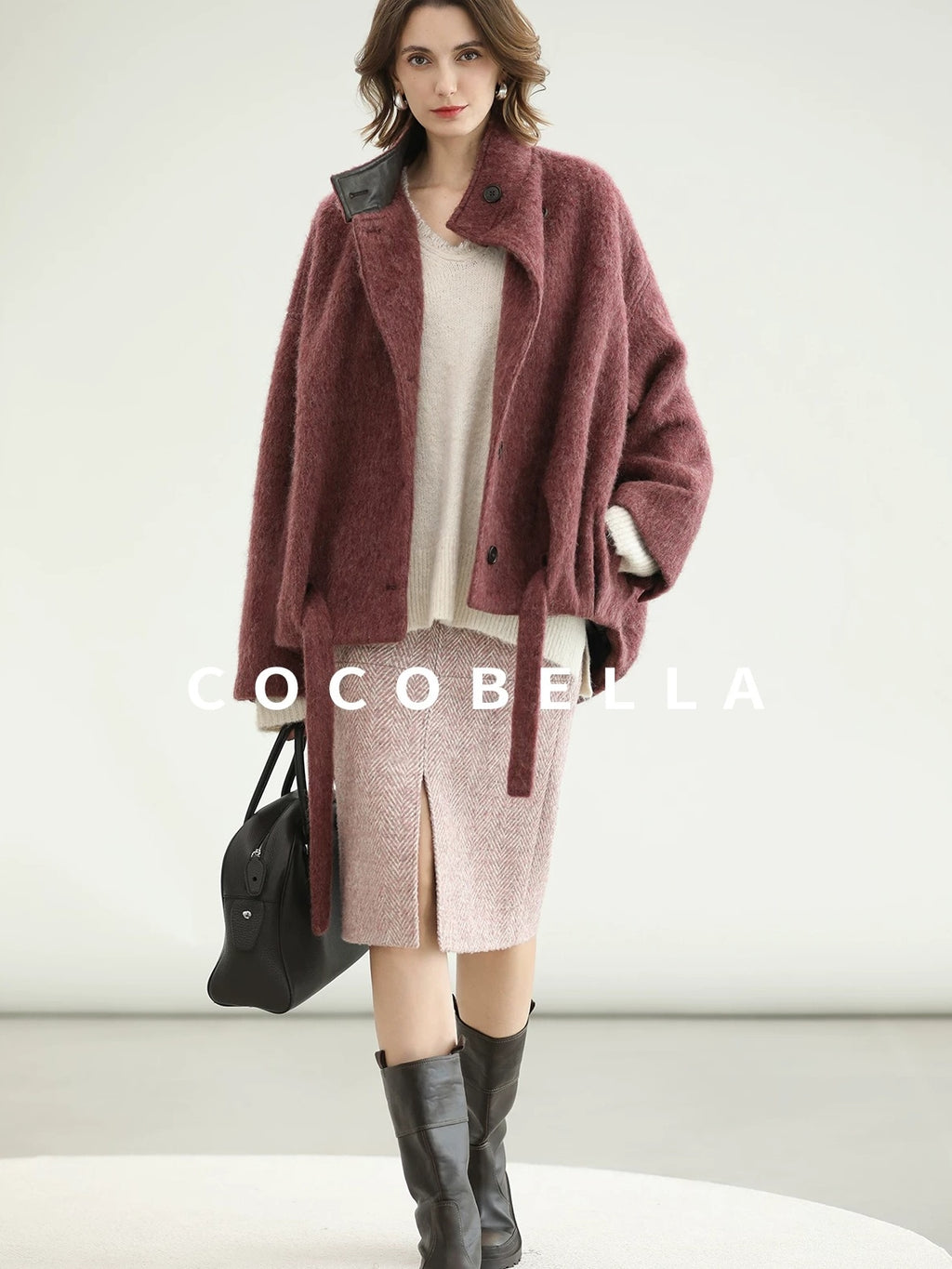 COCOBELLA Thick Wool Blend Belted Stand Collar Loose Ol Office Women Berry Red Jackets