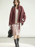 COCOBELLA Thick Wool Blend Belted Stand Collar Loose Ol Office Women Berry Red Jackets