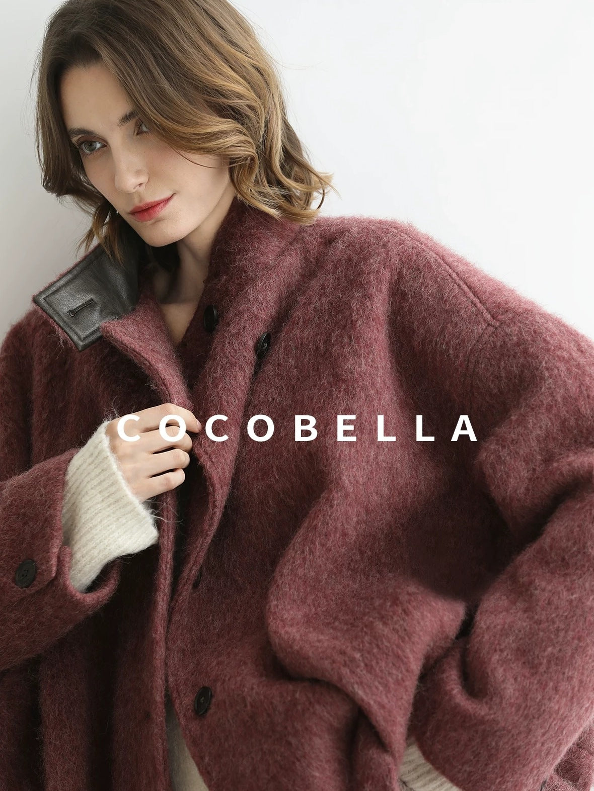 COCOBELLA Thick Wool Blend Belted Stand Collar Loose Ol Office Women Berry Red Jackets