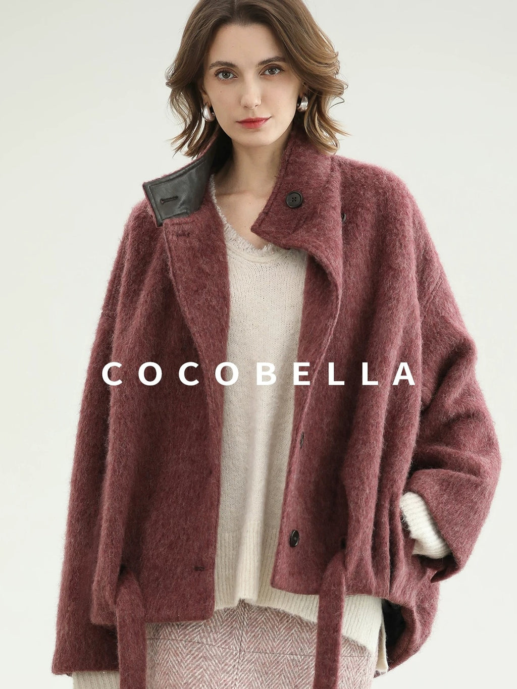 COCOBELLA Thick Wool Blend Belted Stand Collar Loose Ol Office Women Berry Red Jackets