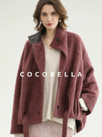 COCOBELLA Thick Wool Blend Belted Stand Collar Loose Ol Office Women Berry Red Jackets