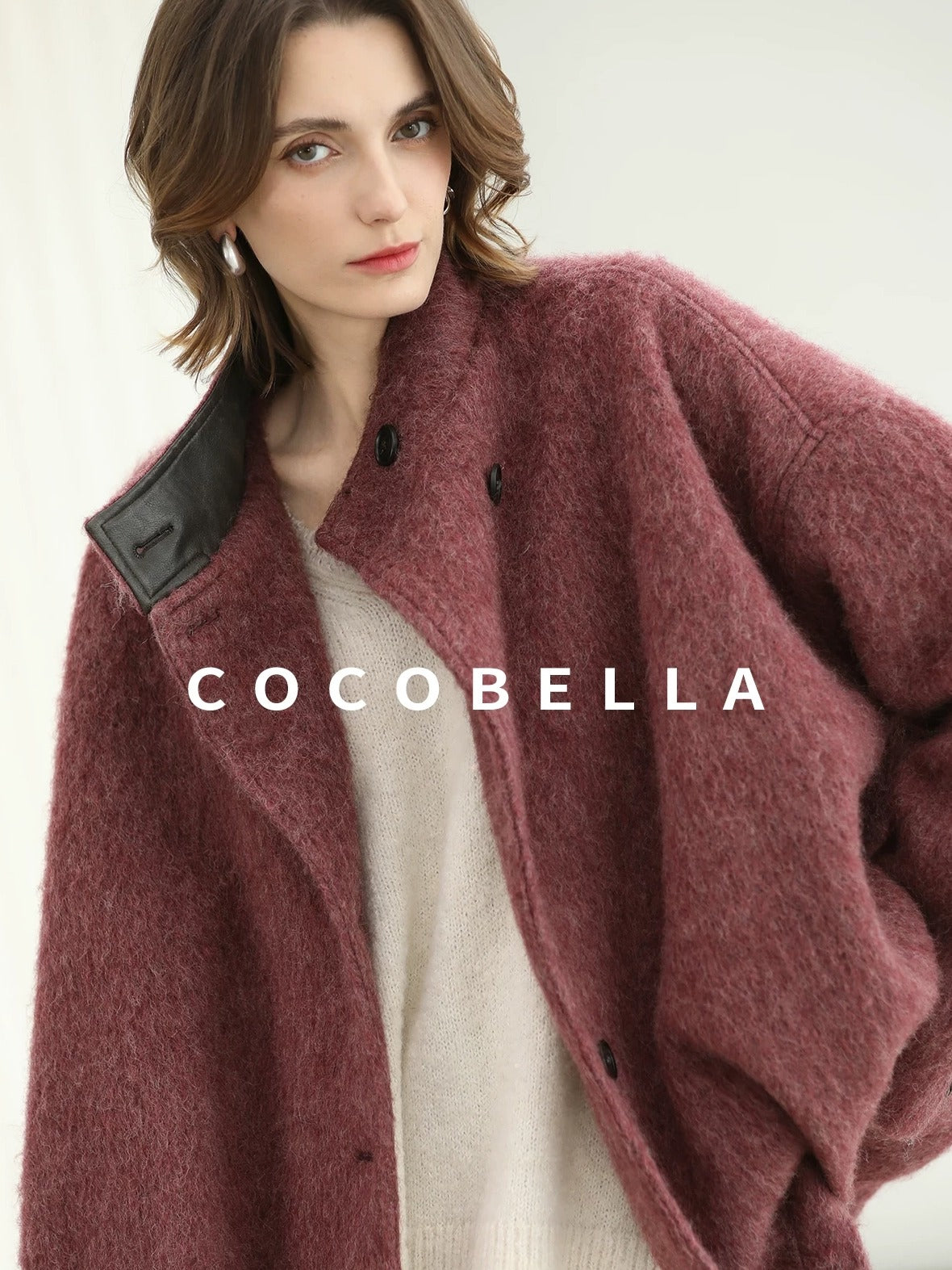 COCOBELLA Thick Wool Blend Belted Stand Collar Loose Ol Office Women Berry Red Jackets