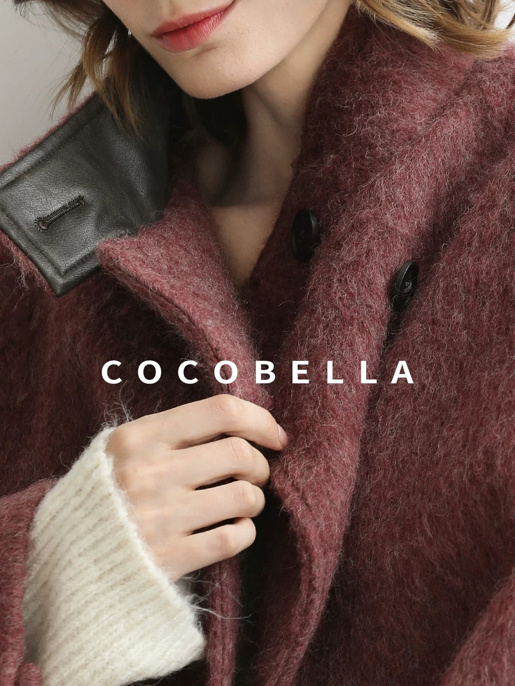 COCOBELLA Thick Wool Blend Belted Stand Collar Loose Ol Office Women Berry Red Jackets