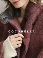 COCOBELLA Thick Wool Blend Belted Stand Collar Loose Ol Office Women Berry Red Jackets