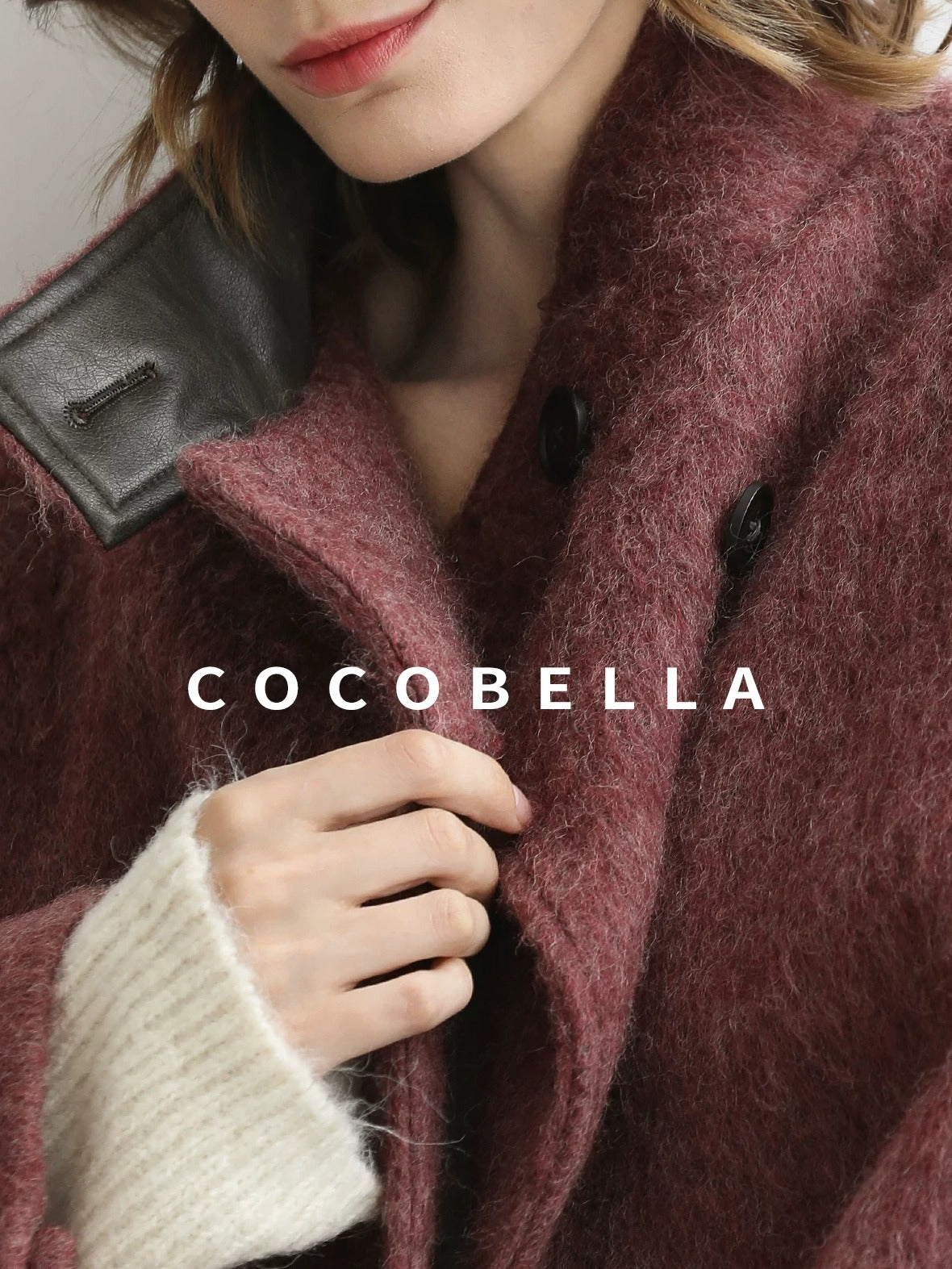 COCOBELLA Thick Wool Blend Belted Stand Collar Loose Ol Office Women Berry Red Jackets