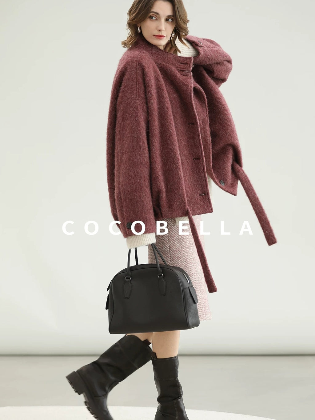 COCOBELLA Thick Wool Blend Belted Stand Collar Loose Ol Office Women Berry Red Jackets