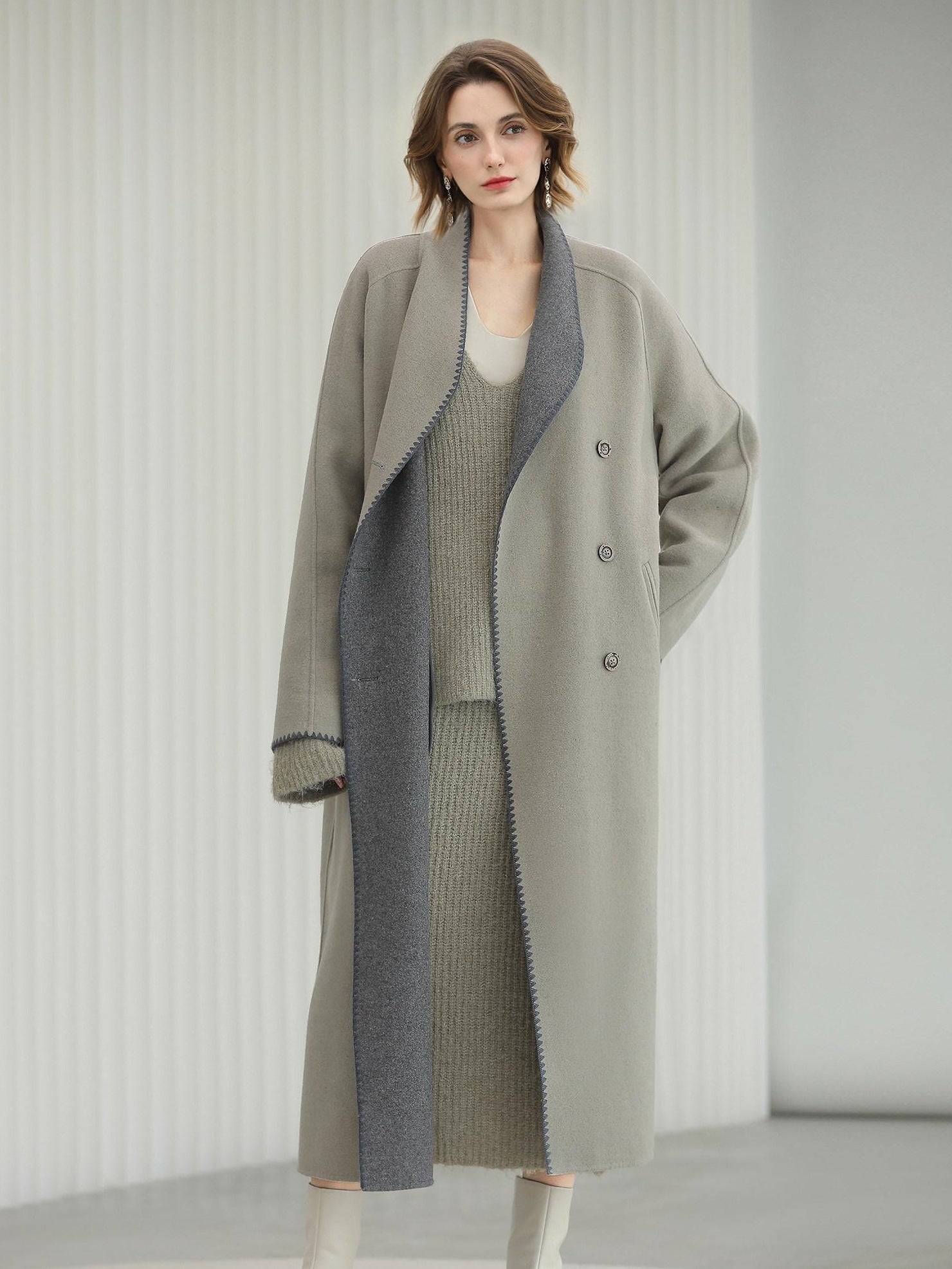 COCOBELLA Thick Wool Blend Double Breasted Long Lapel 3D Tailored Office Coats