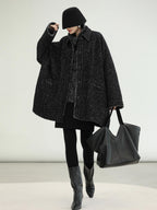 COCOBELLA Thick Wool Blend Mid Length Loose Ol Single Breasted Snowflake Black Jackets