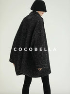 COCOBELLA Thick Wool Blend Mid Length Loose Ol Single Breasted Snowflake Black Jackets