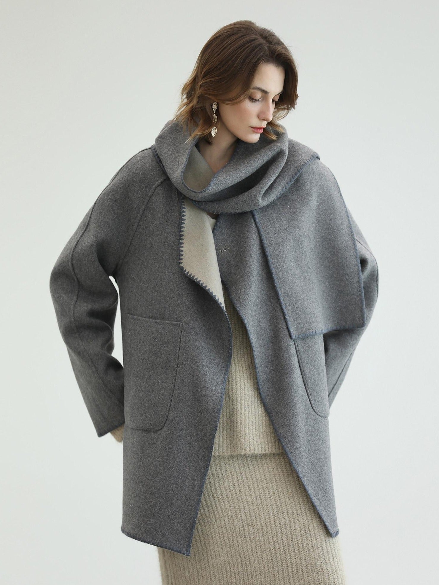 COCOBELLA Thick Wool Blend Scallop Scarf Relaxed Fit Office Midlength Overcoats Coats