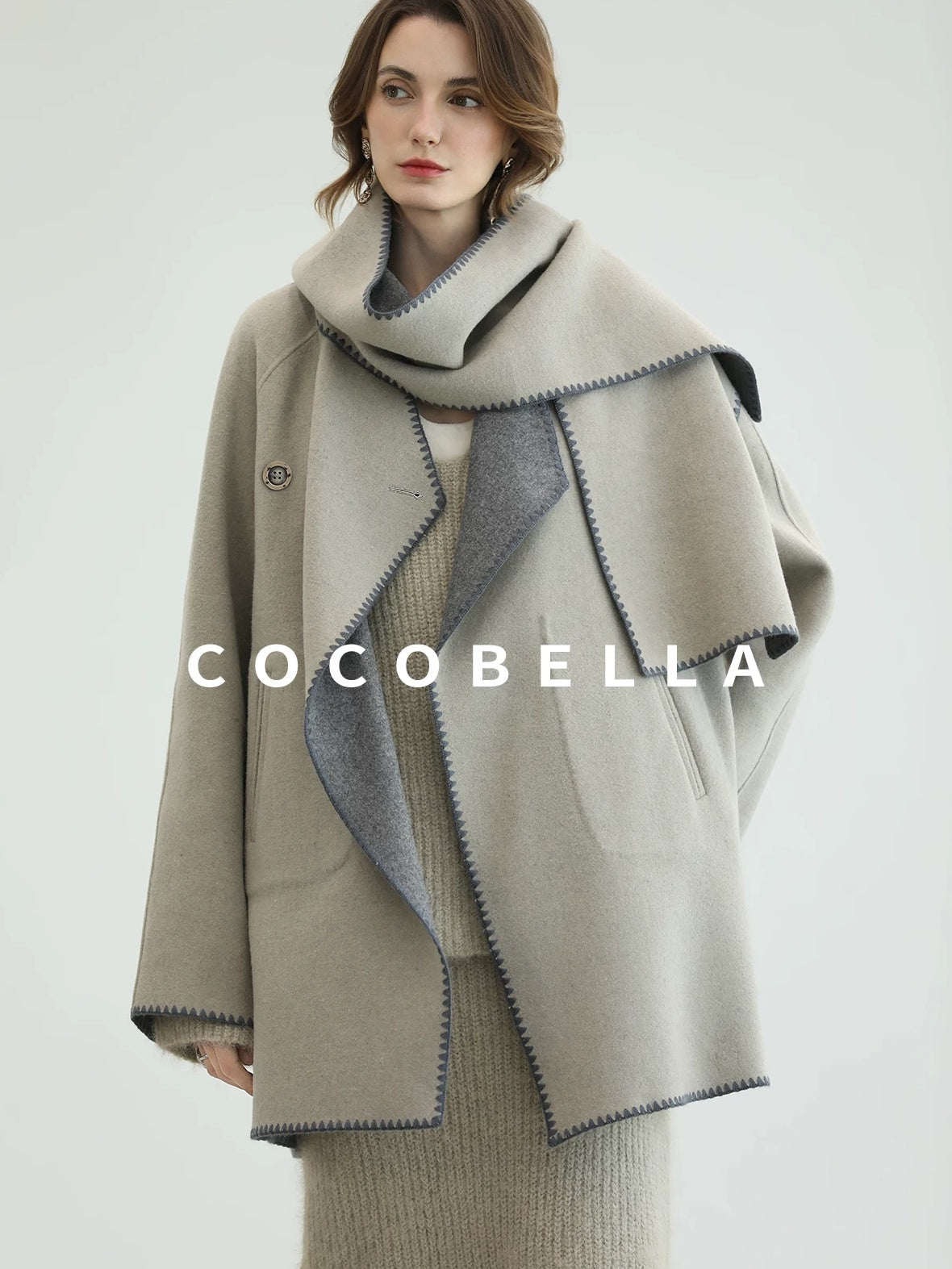 COCOBELLA Thick Wool Blend Scallop Scarf Relaxed Fit Office Midlength Overcoats Coats