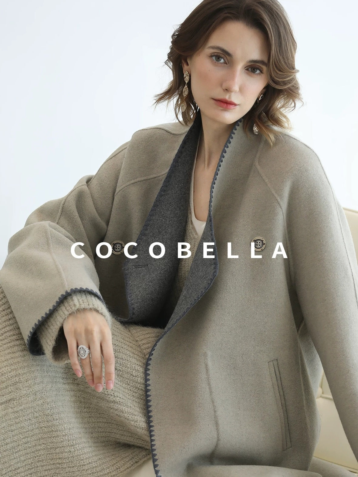 COCOBELLA Thick Wool Blend Scallop Scarf Relaxed Fit Office Midlength Overcoats Coats