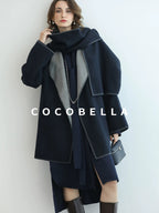 COCOBELLA Thick Wool Blend Shell Embroidered Scarf Minimalist Loose Women Workwear Coats