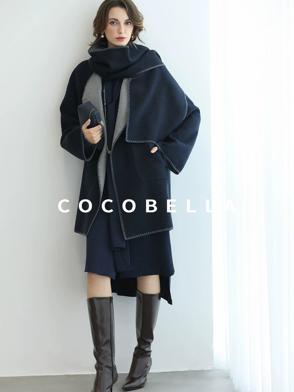 COCOBELLA Thick Wool Blend Shell Embroidered Scarf Minimalist Loose Women Workwear Coats