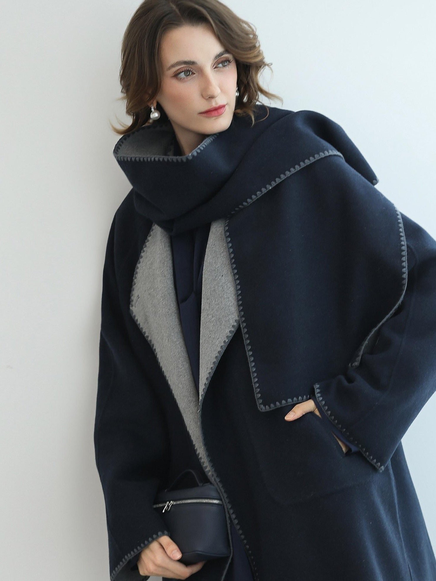 COCOBELLA Thick Wool Blend Shell Embroidered Scarf Minimalist Loose Women Workwear Coats