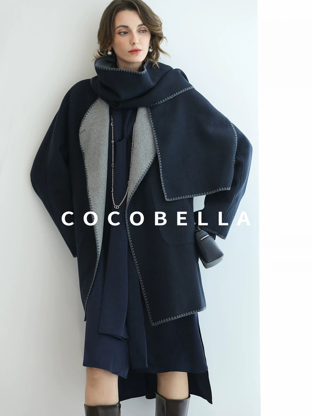 COCOBELLA Thick Wool Blend Shell Embroidered Scarf Minimalist Loose Women Workwear Coats