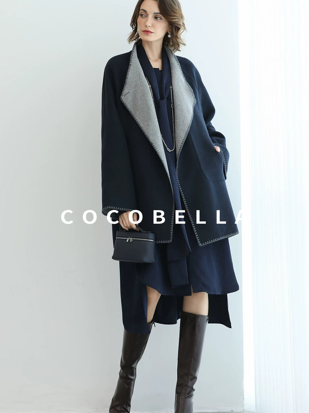 COCOBELLA Thick Wool Blend Shell Embroidered Scarf Minimalist Loose Women Workwear Coats
