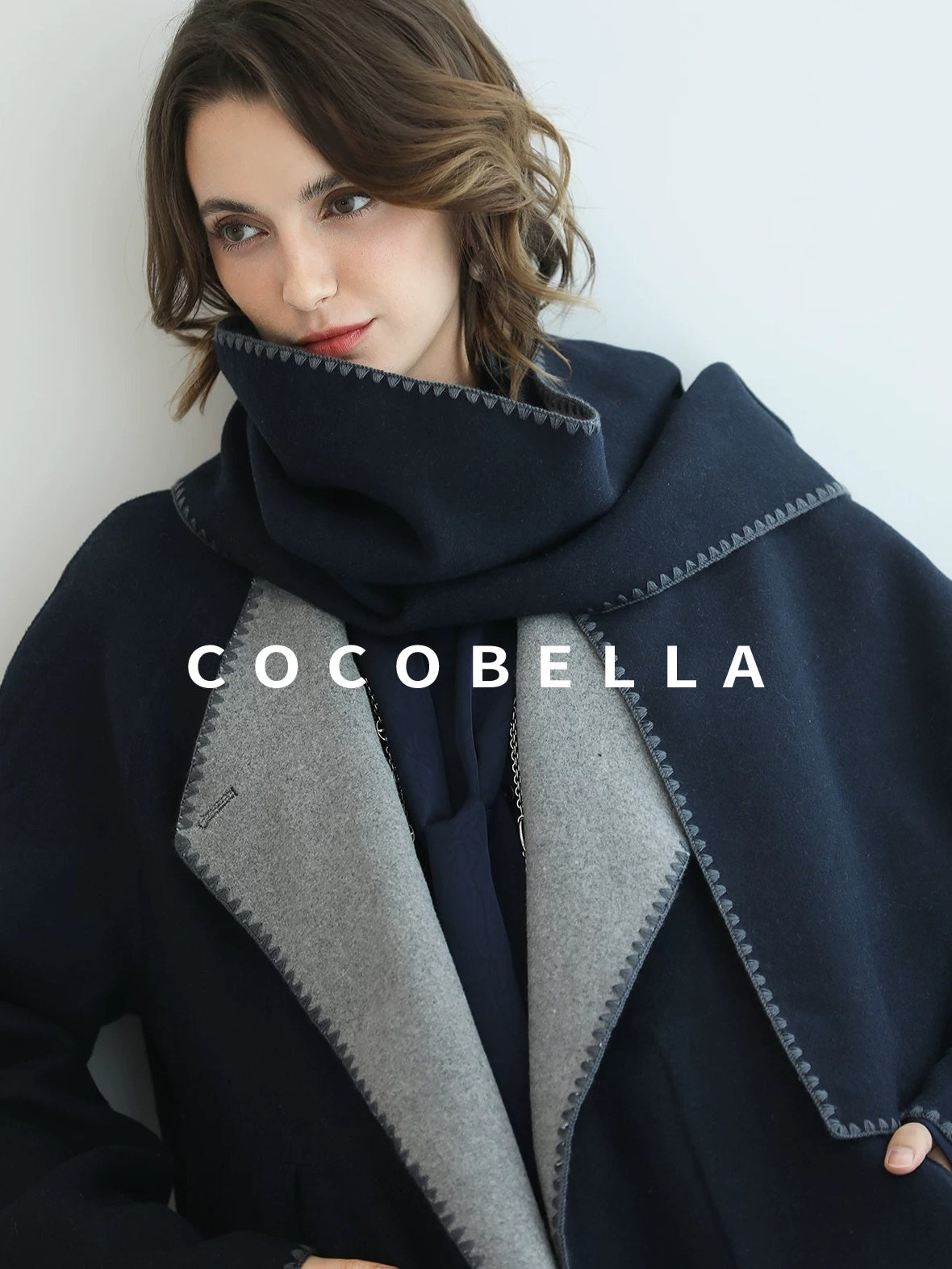 COCOBELLA Thick Wool Blend Shell Embroidered Scarf Minimalist Loose Women Workwear Coats