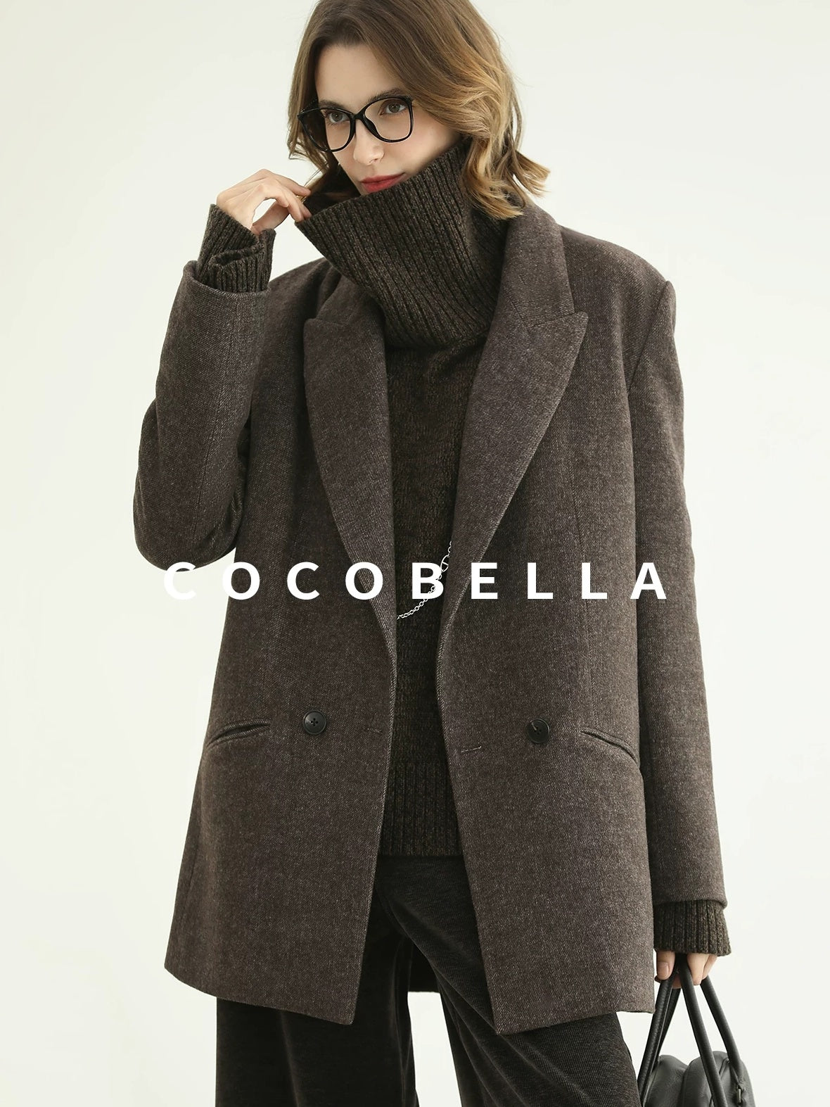 COCOBELLA Thick Wool Double Breasted Notch Lapel Loose Fit Women Wool Overcoats Jackets