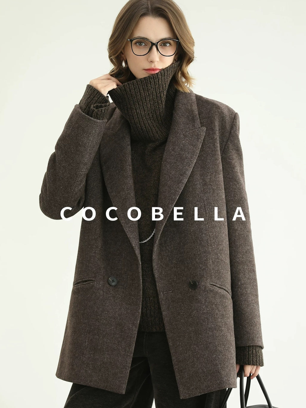 COCOBELLA Thick Wool Double Breasted Notch Lapel Loose Fit Women Wool Overcoats Jackets