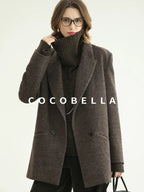 COCOBELLA Thick Wool Double Breasted Notch Lapel Loose Fit Women Wool Overcoats Jackets