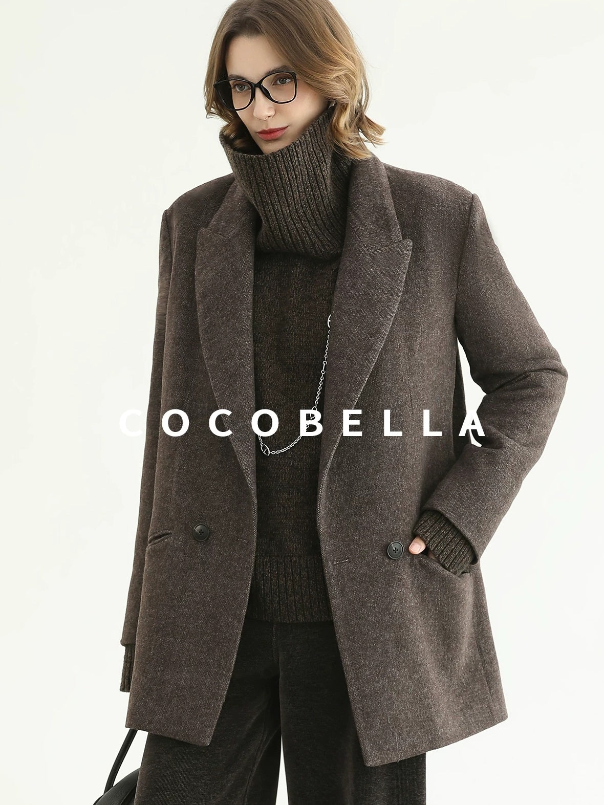 COCOBELLA Thick Wool Double Breasted Notch Lapel Loose Fit Women Wool Overcoats Jackets
