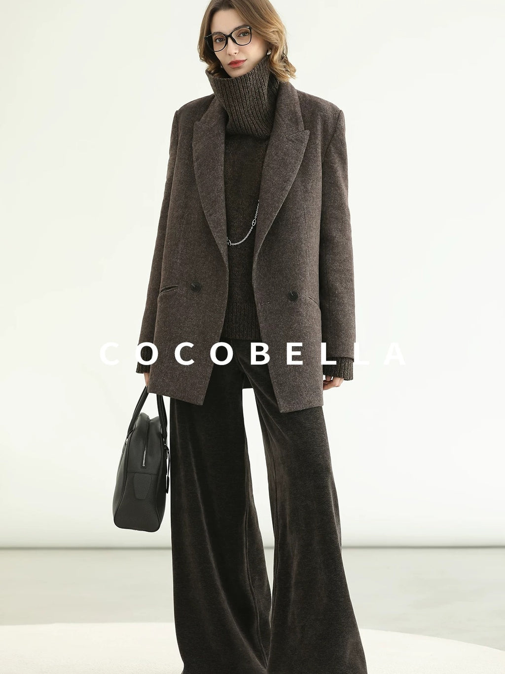 COCOBELLA Thick Wool Double Breasted Notch Lapel Loose Fit Women Wool Overcoats Jackets